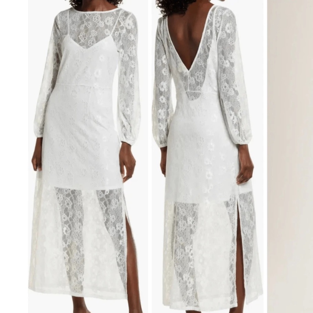 Open Edit Sheer Lace Long Sleeve Maxi Ivory Dress